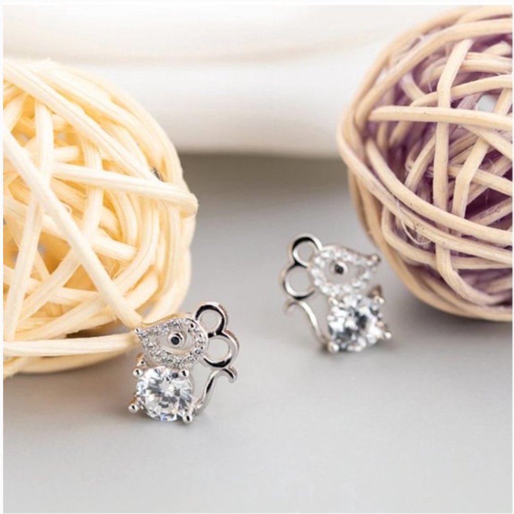 NEW Tibetan 925 Silver Cute Mouse Zircon Earrings - Picture 11 of 15